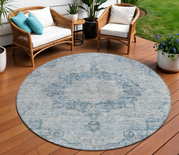 8' Blue Round Floral Medallion Washable Indoor Outdoor Area Rug