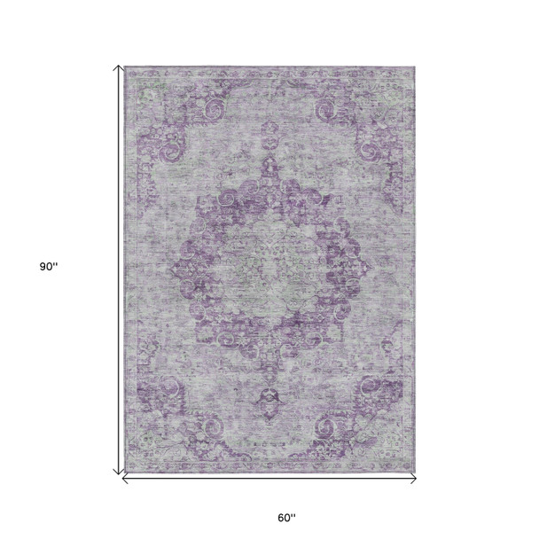 5' X 8' Purple Floral Medallion Washable Indoor Outdoor Area Rug