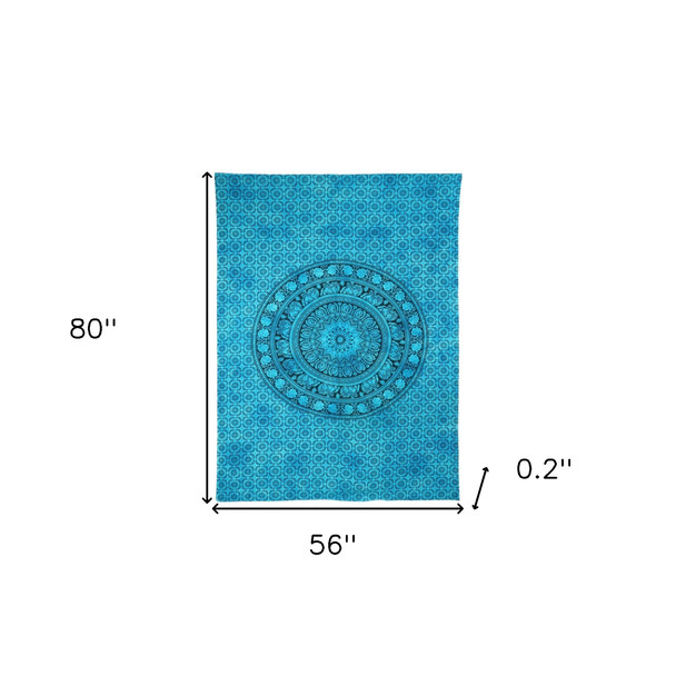 80" X 56" Turquoise And Black Mandala Cotton Hanging Tapestry
