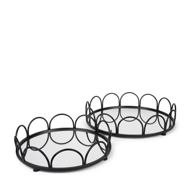 Set of Two Black And Silver Metal And Mirrored Glass Round Vanity Trays