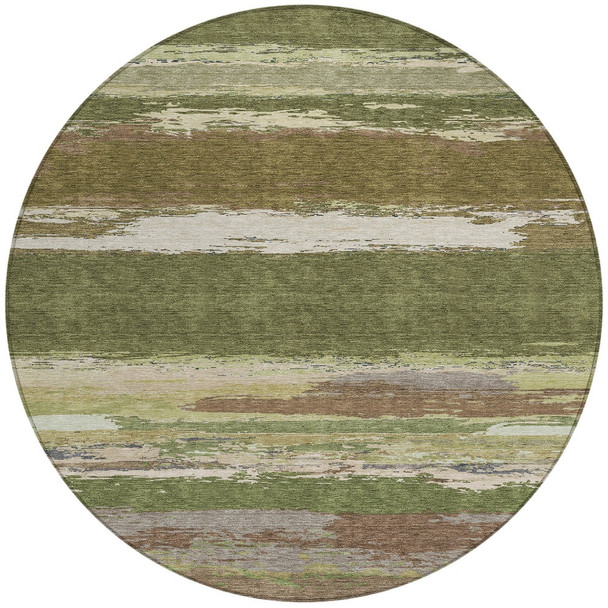8' Olive Green Round Abstract Washable Indoor Outdoor Area Rug