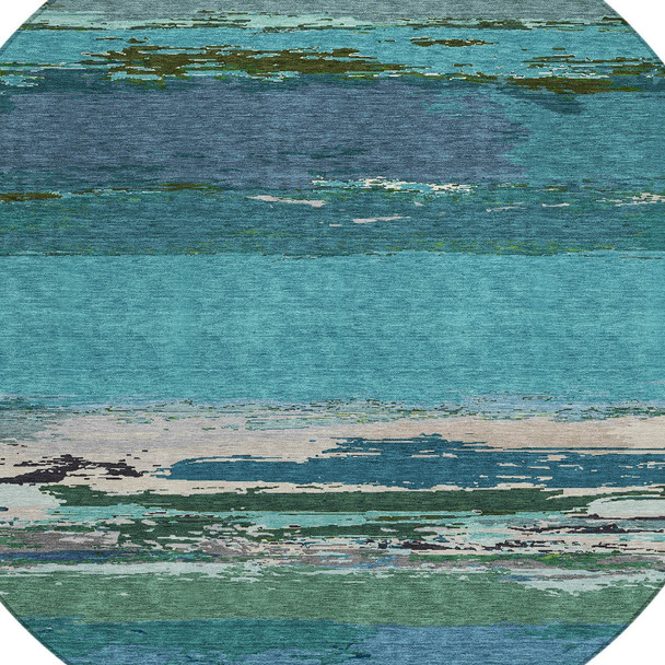 8' Teal Blue Round Abstract Washable Indoor Outdoor Area Rug