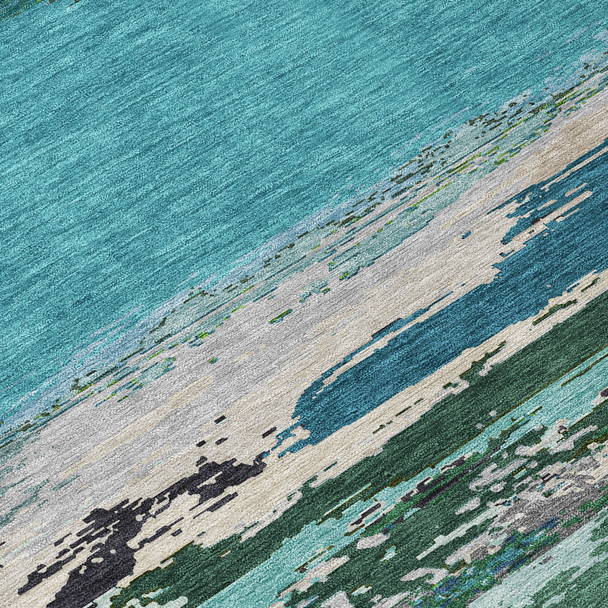 9' X 12' Teal Blue Abstract Washable Indoor Outdoor Area Rug