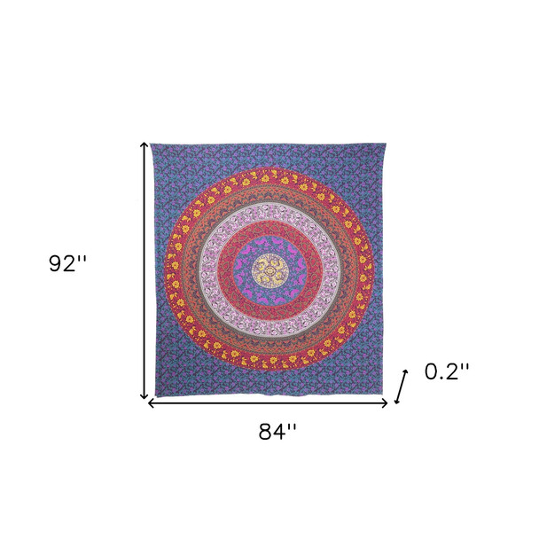 92" X 84" Blue Red And Yellow Mandala Cotton Hanging Tapestry