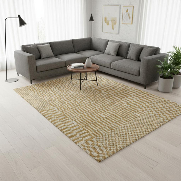8' X 11' Gold And Beige Geometric Berber Washable Area Rug With UV Protection