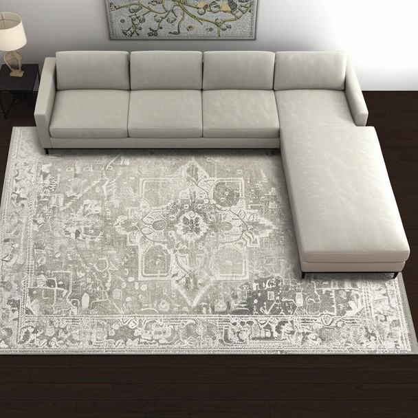 8' X 11' Gray And Beige Tribal Washable Area Rug With UV Protection