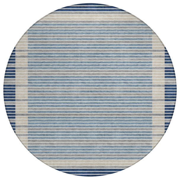 8' Navy Blue And Denim Blue Round Striped Washable Indoor Outdoor Area Rug