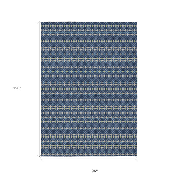 8' X 10' Navy Blue And Mint Green Striped Washable Indoor Outdoor Area Rug