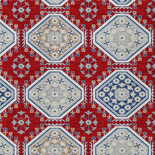 3' X 5' Red And Navy Blue Floral Washable Indoor Outdoor Area Rug
