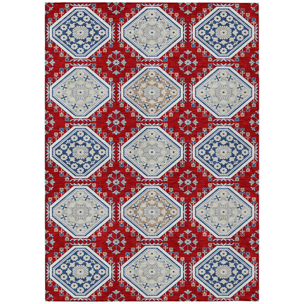 10' X 14' Red And Navy Blue Floral Washable Indoor Outdoor Area Rug