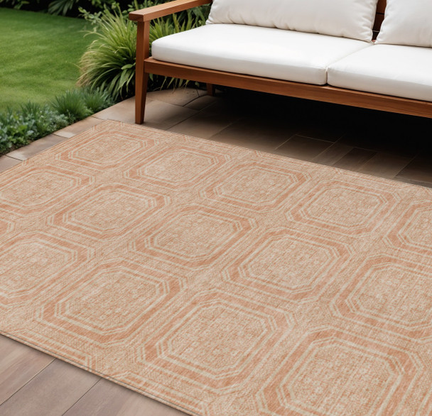 9' X 12' Peach And Beige Geometric Washable Indoor Outdoor Area Rug