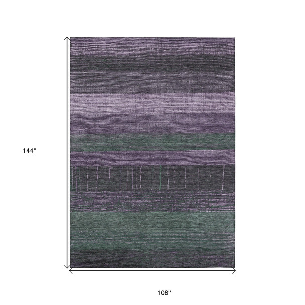 9' X 12' Purple And Olive Green Striped Washable Indoor Outdoor Area Rug