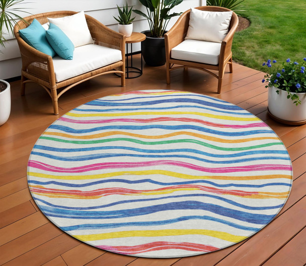 8' Ivory Blue Pink And Yellow Round Striped Washable Indoor Outdoor Area Rug