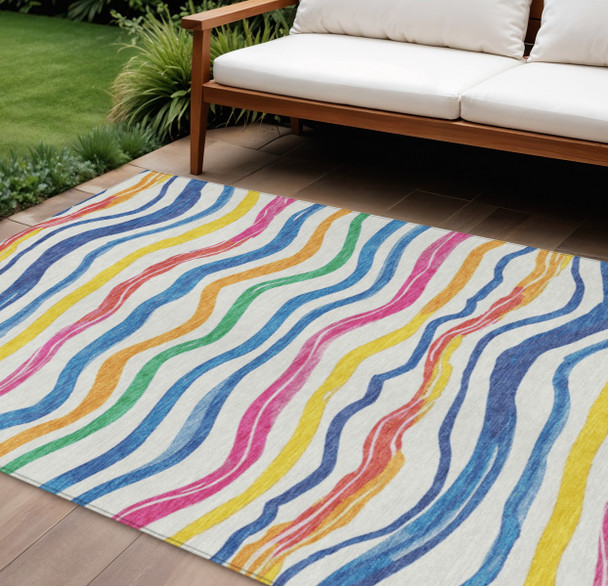 10' X 14' Ivory Blue Pink And Yellow Striped Washable Indoor Outdoor Area Rug