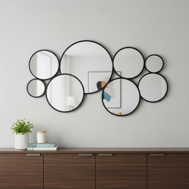 Set Of Eight Black Metal Round Cojoined Accent Mirrors