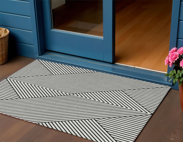 3' X 5' White And Black Geometric Washable Indoor Outdoor Area Rug