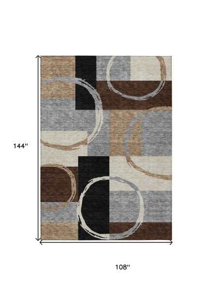 9' X 12' Pewter Gray And Black Geometric Washable Indoor Outdoor Area Rug