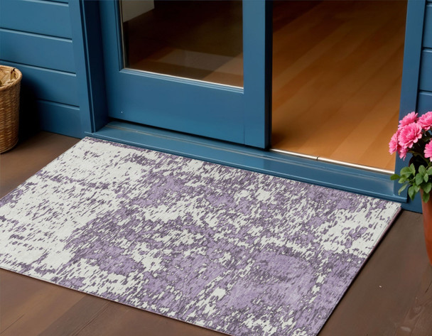 3' X 5' Lavender And Ivory Abstract Washable Indoor Outdoor Area Rug