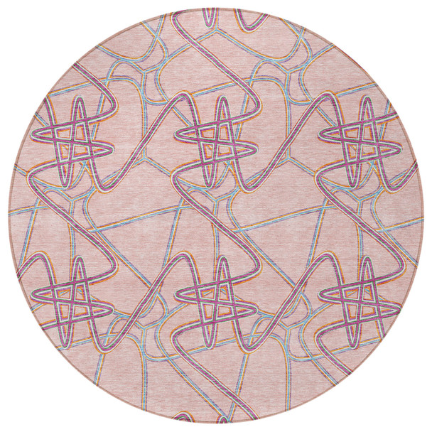 8' Pink Purple And Sky Blue Round Geometric Washable Indoor Outdoor Area Rug