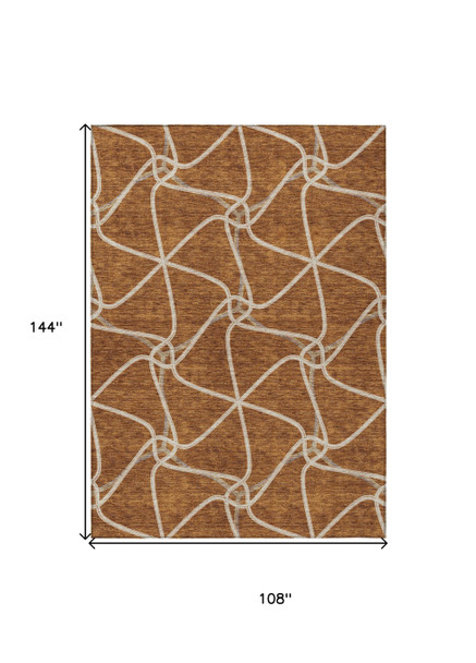 9' X 12' Orange And Ivory Geometric Washable Indoor Outdoor Area Rug