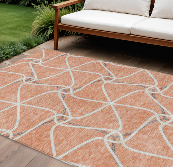 9' X 12' Salmon And Ivory Geometric Washable Indoor Outdoor Area Rug