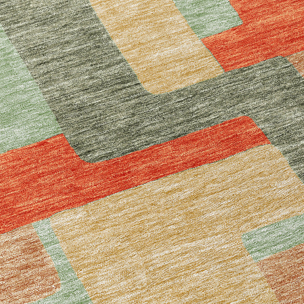 8' X 10' Sage Gray And Orange Geometric Washable Indoor Outdoor Area Rug