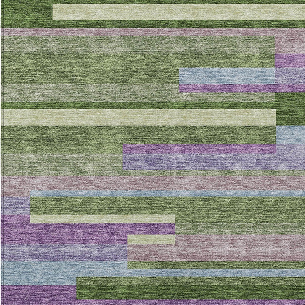 9' X 12' Moss Green Olive Green And Purple Striped Washable Indoor Outdoor Area Rug