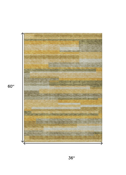 3' X 5' Gold Wheat And Ivory Striped Washable Indoor Outdoor Area Rug