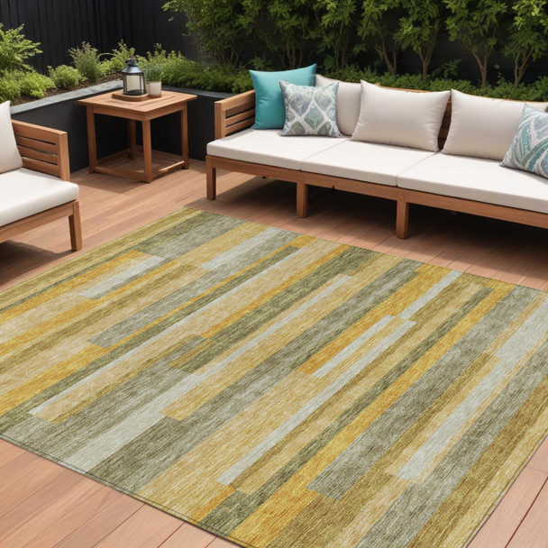 10' X 14' Gold Wheat And Ivory Striped Washable Indoor Outdoor Area Rug