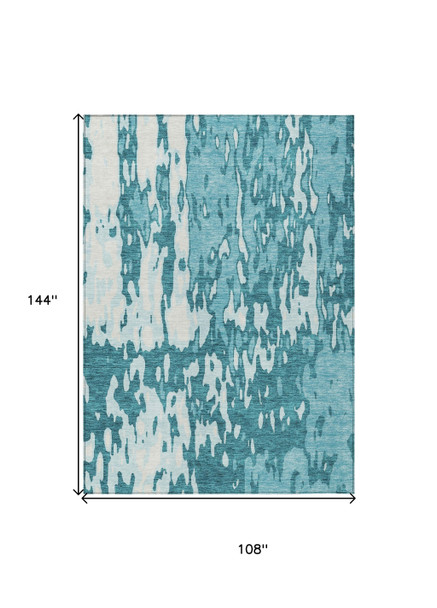 9' X 12' Teal Blue And Ivory Abstract Washable Indoor Outdoor Area Rug