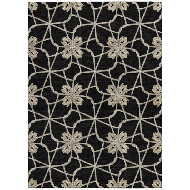 8' X 10' Black And Ivory Geometric Washable Indoor Outdoor Area Rug