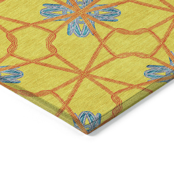 10' X 14' Yellow And Teal Blue Geometric Washable Indoor Outdoor Area Rug