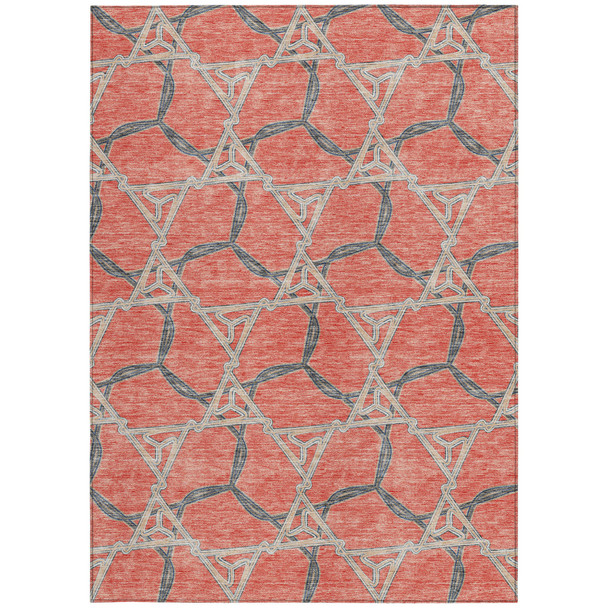 5' X 8' Coral And Taupe Geometric Washable Indoor Outdoor Area Rug