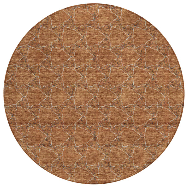 8' Orange And Ivory Round Geometric Washable Indoor Outdoor Area Rug