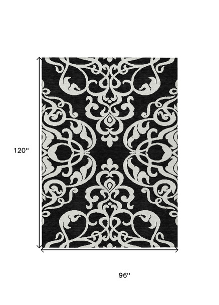 8' X 10' Black And Ivory Damask Washable Indoor Outdoor Area Rug