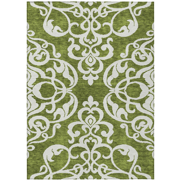 3' X 5' Green And Ivory Damask Washable Indoor Outdoor Area Rug