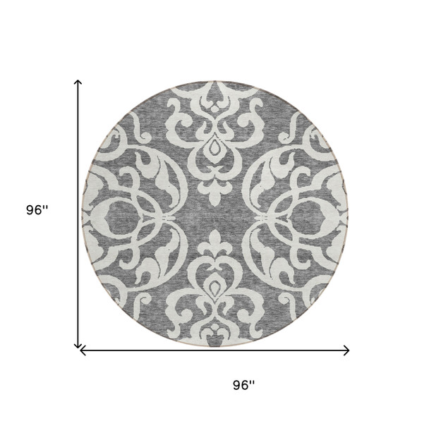 8' Gray And Ivory Round Damask Washable Indoor Outdoor Area Rug
