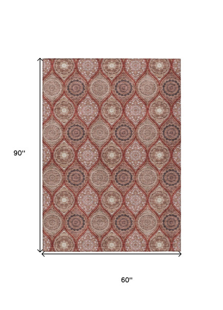 5' X 8' Orange Beige And Gray Floral Medallion Washable Indoor Outdoor Area Rug