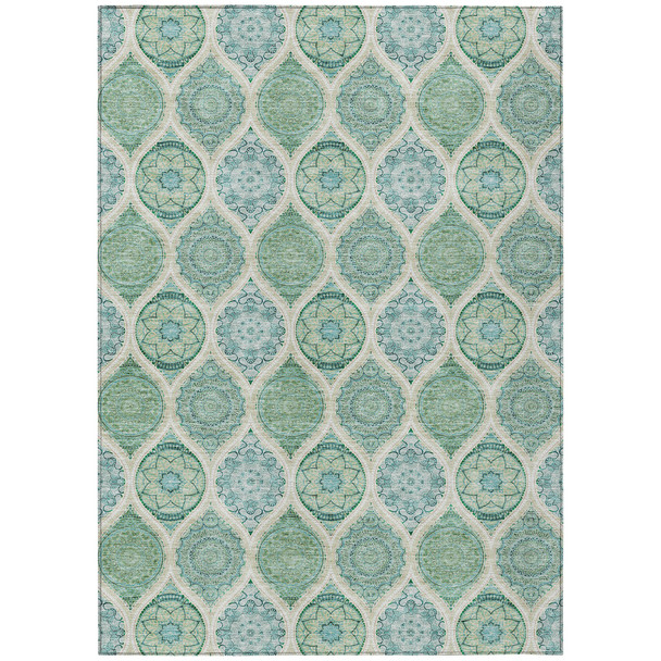 8' X 10' Sage Ivory And Teal Blue Floral Medallion Washable Indoor Outdoor Area Rug