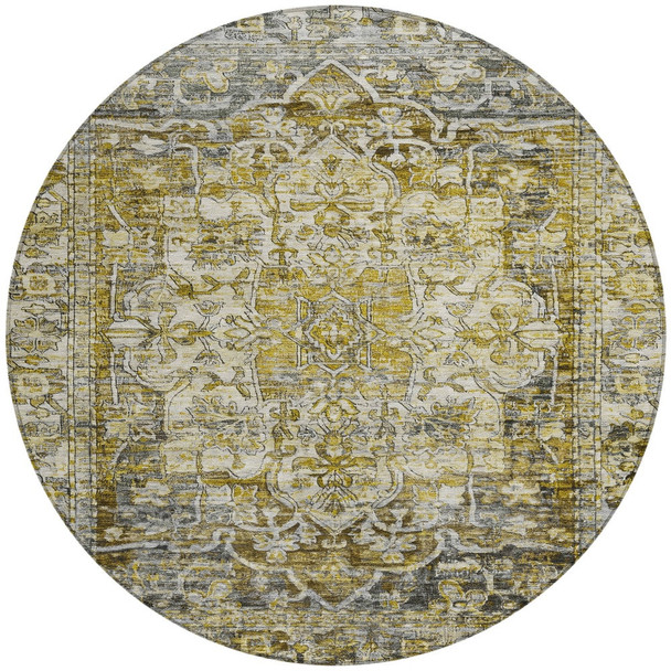 8' Pewter Gray And Gold Round Floral Medallion Washable Indoor Outdoor Area Rug