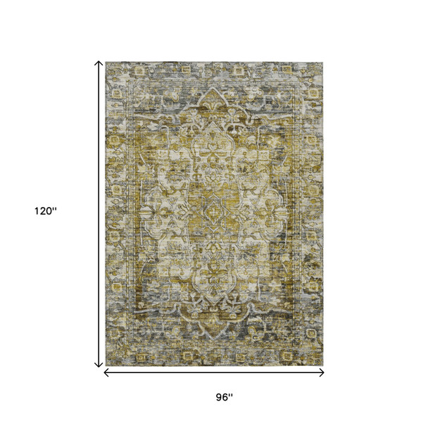 8' X 10' Pewter Gray And Gold Floral Medallion Washable Indoor Outdoor Area Rug