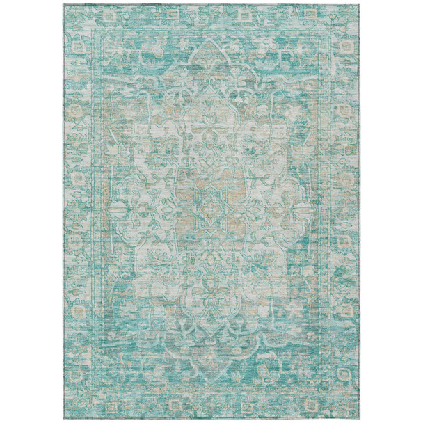 8' X 10' Teal Blue And Ivory Floral Medallion Washable Indoor Outdoor Area Rug