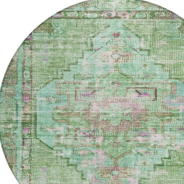 8' Artichoke Green Teal Blue And Lavender Round Oriental Washable Indoor Outdoor Area Rug