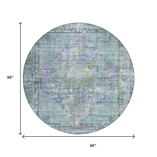 8' Teal Blue Lavender And Ivory Round Oriental Washable Indoor Outdoor Area Rug