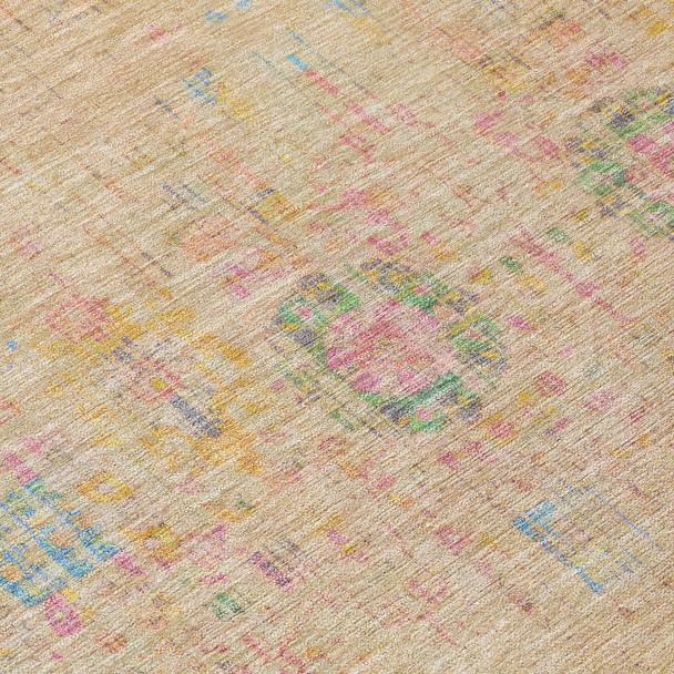 8' X 10' Tan Pink And Yellow Floral Medallion Washable Indoor Outdoor Area Rug