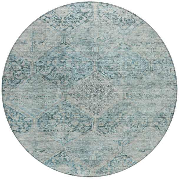 8' Blue And Silver Round Geometric Washable Indoor Outdoor Area Rug