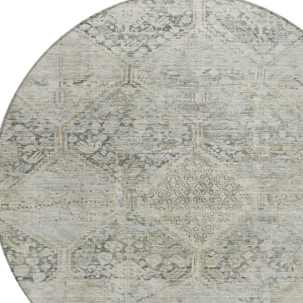 8' Pewter And Silver Round Geometric Washable Indoor Outdoor Area Rug