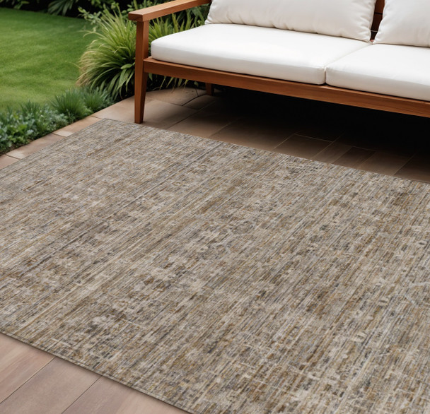 10' X 14' Brown And Beige Striped Washable Indoor Outdoor Area Rug