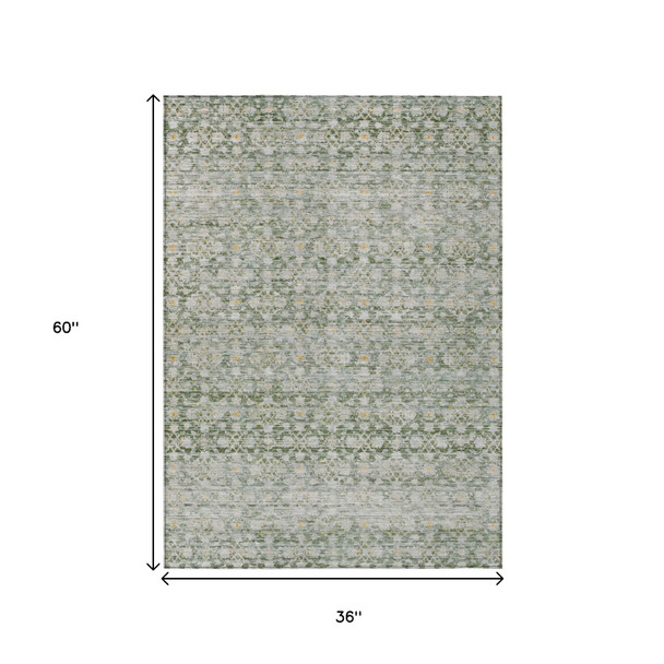 3' X 5' Green And Gold Striped Washable Indoor Outdoor Area Rug