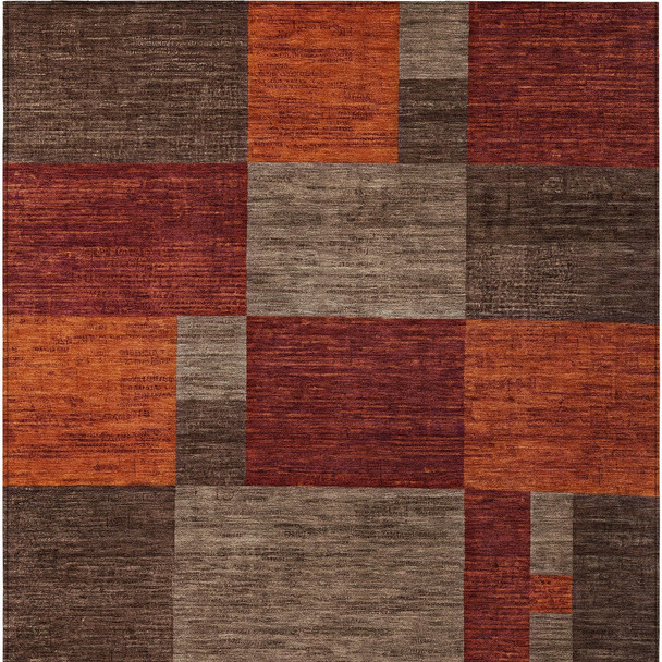 5' X 8' Chocolate Taupe And Orange Geometric Washable Indoor Outdoor Area Rug